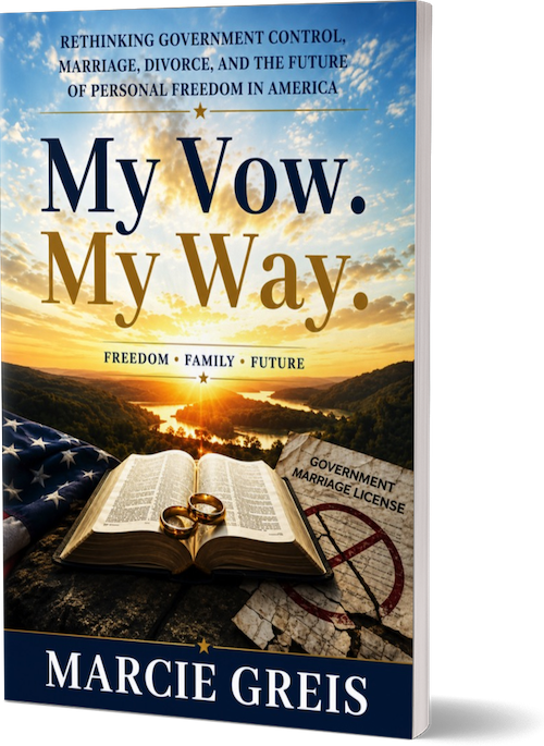Book cover showing a sunset background with open bible and set of rings in the forground.